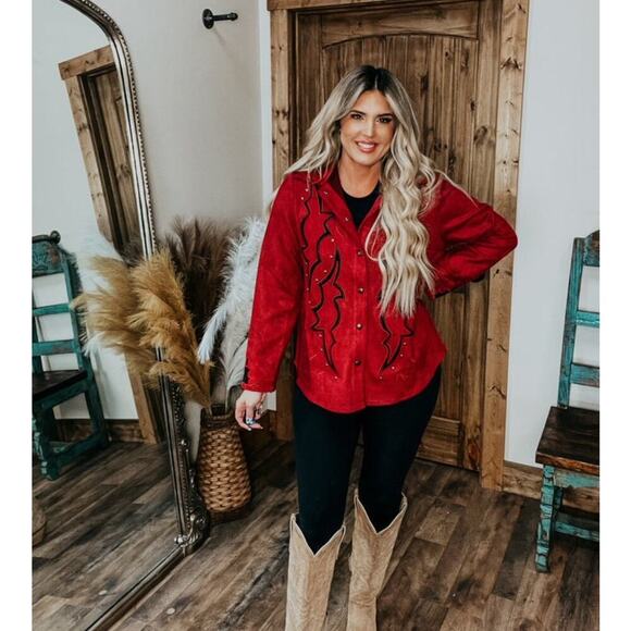 Lucky & Blessed Red Suede Boot Stitch Studded Jacket Western Rodeo NFR~NEW - Picture 4 of 16